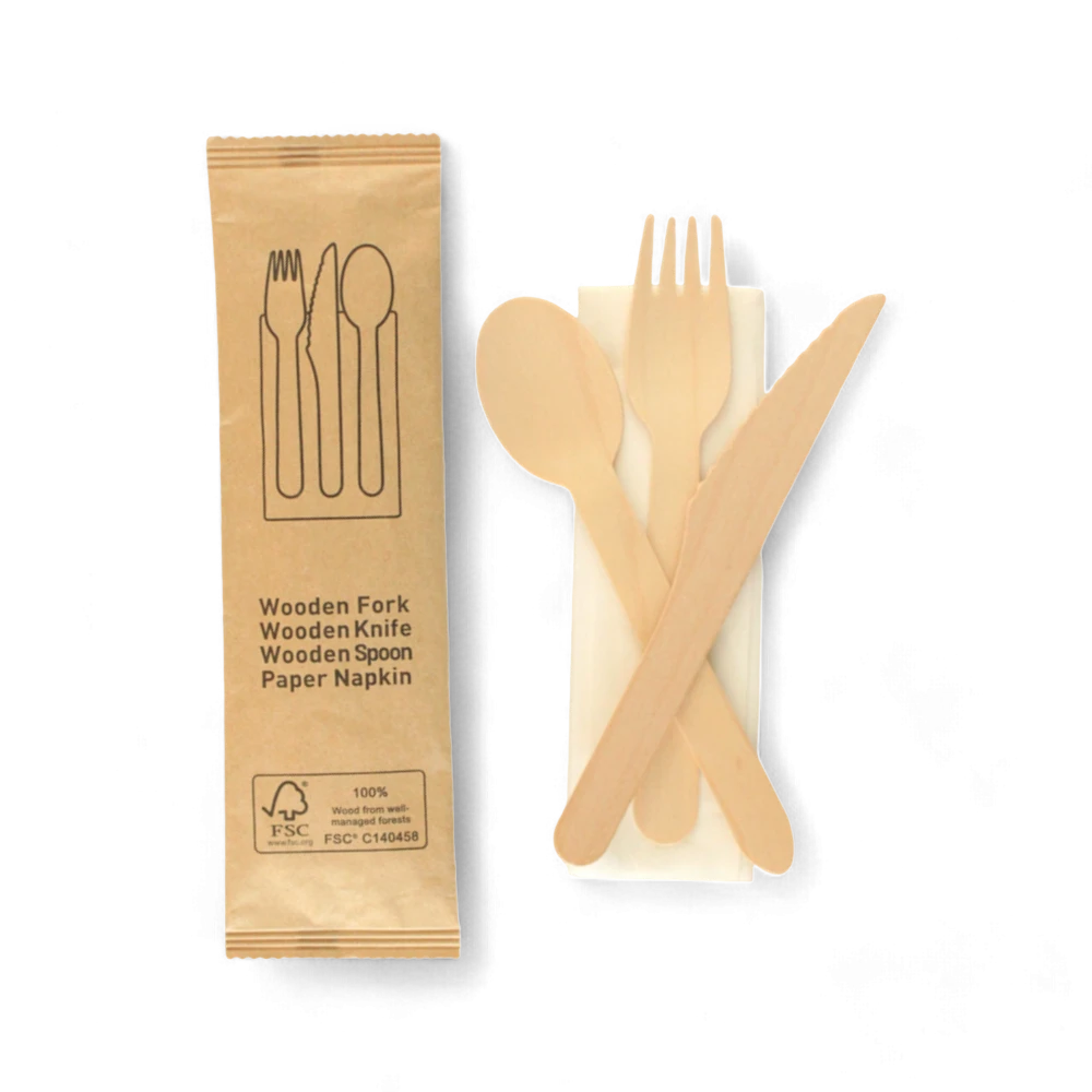 Customized airline disposable wooden cutlery pack from China