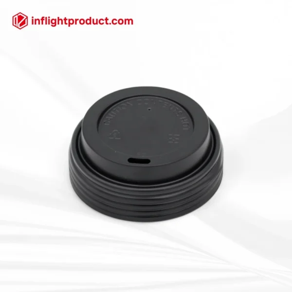 Black plastic lid for disposable paper coffee cups