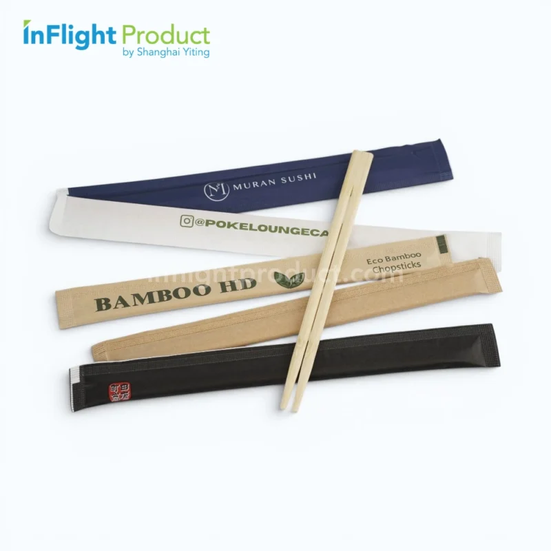Custom printed disposable bamboo chopsticks with paper sleeves