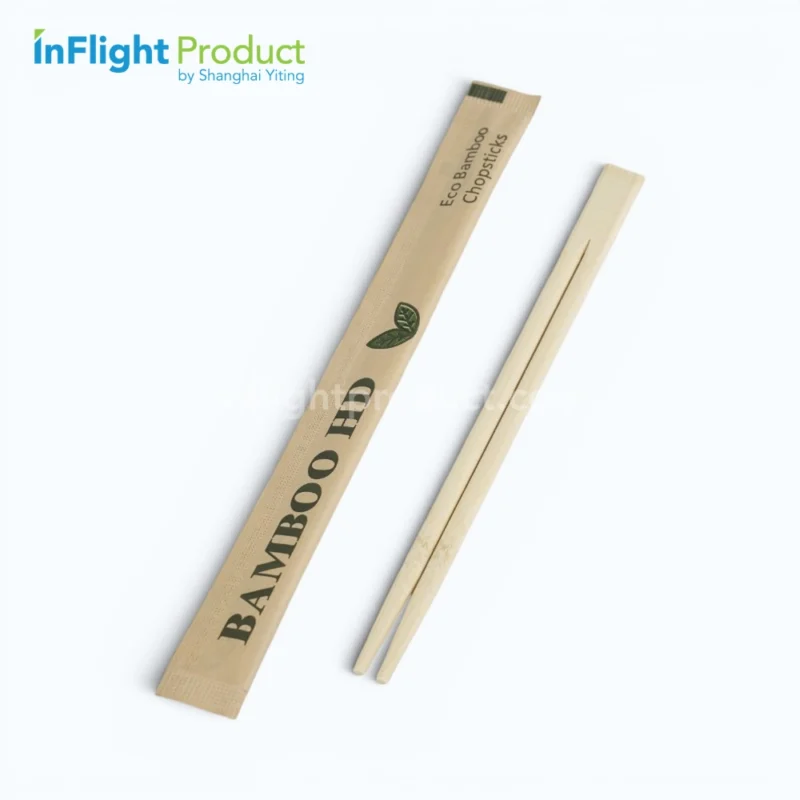 Individually wrapped bamboo chopsticks in a custom printed paper sleeve