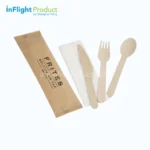 Individually wrapped wooden cutlery set for airline meal service