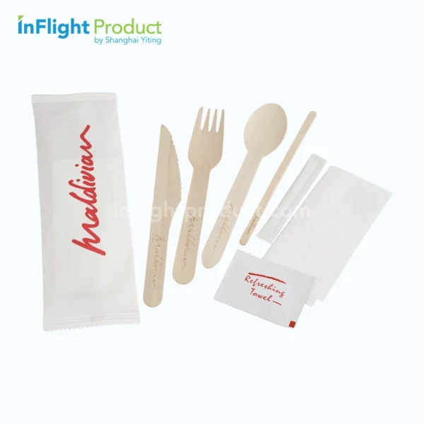 Wooden cutlery pack with optional napkin for inflight catering