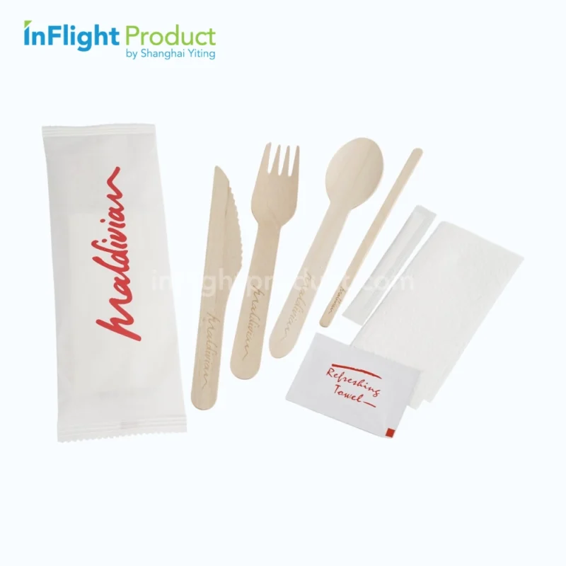 Wooden cutlery pack with optional napkin for inflight catering