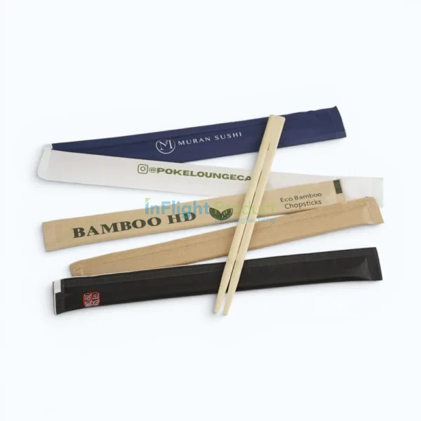 Custom printed disposable bamboo chopsticks with paper sleeves for in-flight catering service